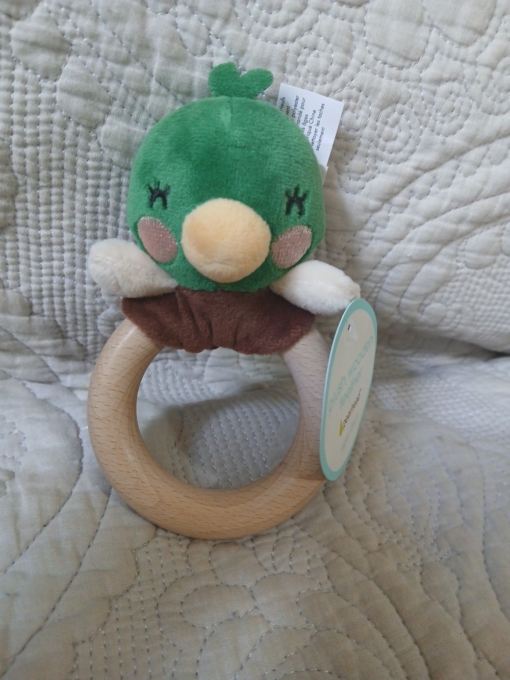 Pearhead Mallard Duck Wooden Baby Teether – Soft Plush One Size
